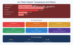 Arc flash hazard temperature effects chart comparing arc flash at 20,000C to sun surface, lightning, and torch temperatures