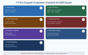 B2B supplier evaluation 7-point checklist for low voltage switchgear procurement with factory audit, type test docs, project references, engineering team, production capacity, after-sales network, and financial stability