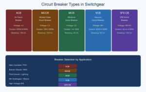 Circuit breaker types in switchgear comparison showing ACB, MCCB, MCB, VCB, and SF6 breaker voltage and current ratings