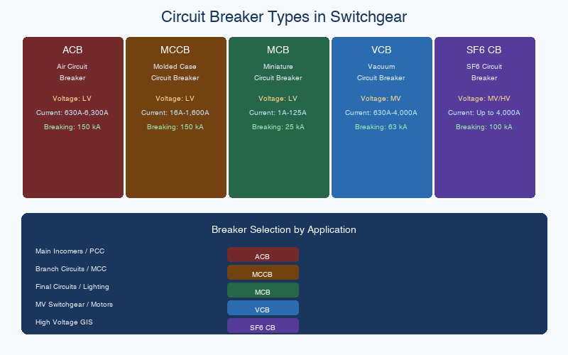 Circuit breaker types in switchgear comparison showing ACB, MCCB, MCB, VCB, and SF6 breaker voltage and current ratings