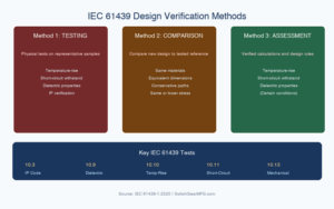 IEC 61439 design verification methods diagram showing testing, comparison, and assessment approaches