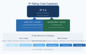 IP rating code explanation chart showing first digit for solids protection and second digit for water protection per IEC 60529