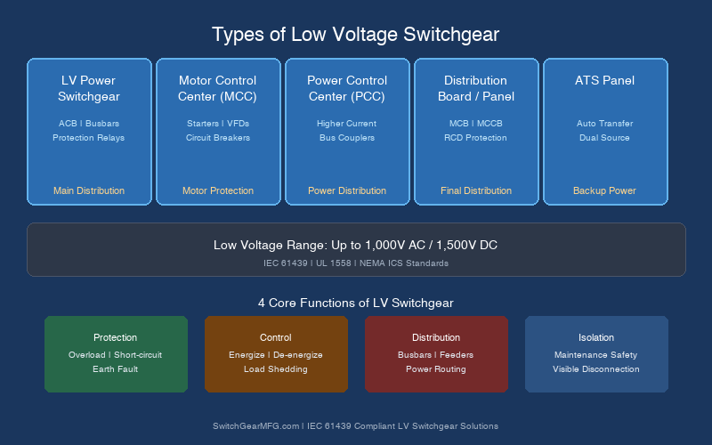 Types of low voltage switchgear infographic showing LVPS, MCC, PCC, distribution boards, and ATS panels with core functions