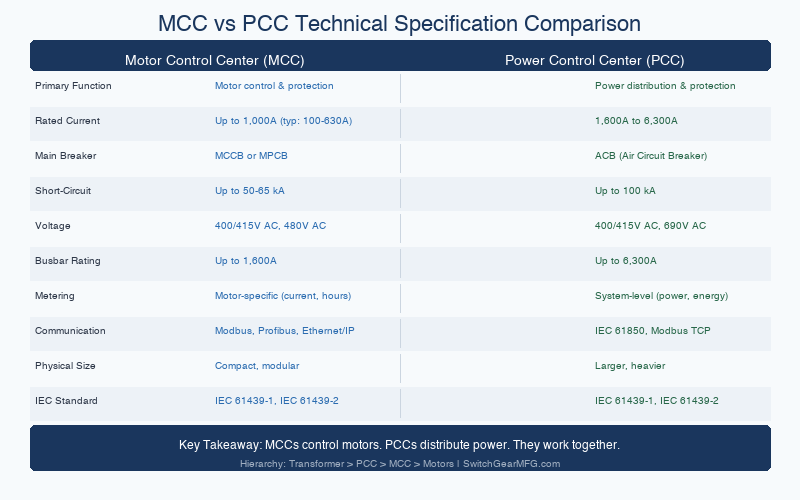 MCC vs PCC technical specification comparison chart showing rated current, breaker types, short-circuit capacity, and communication differences