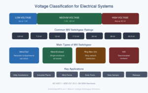 Medium voltage switchgear voltage range chart showing LV up to 1kV, MV 1-52kV, and HV above 52kV with common ratings