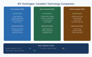 Medium voltage switchgear insulation technology comparison showing AIS, GIS, and SIS advantages and disadvantages