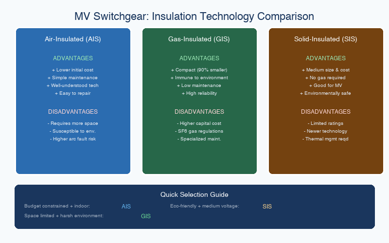 Medium voltage switchgear insulation technology comparison showing AIS, GIS, and SIS advantages and disadvantages
