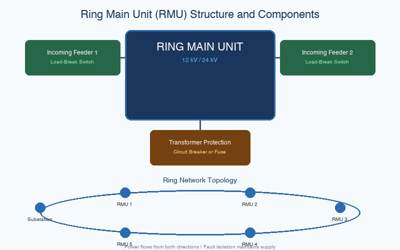 Ring Main Unit RMU structure diagram showing incoming feeders, load-break switches, transformer protection, and ring network topology