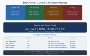 Short-circuit current calculation process flowchart showing data gathering, model building, calculation, and verification steps