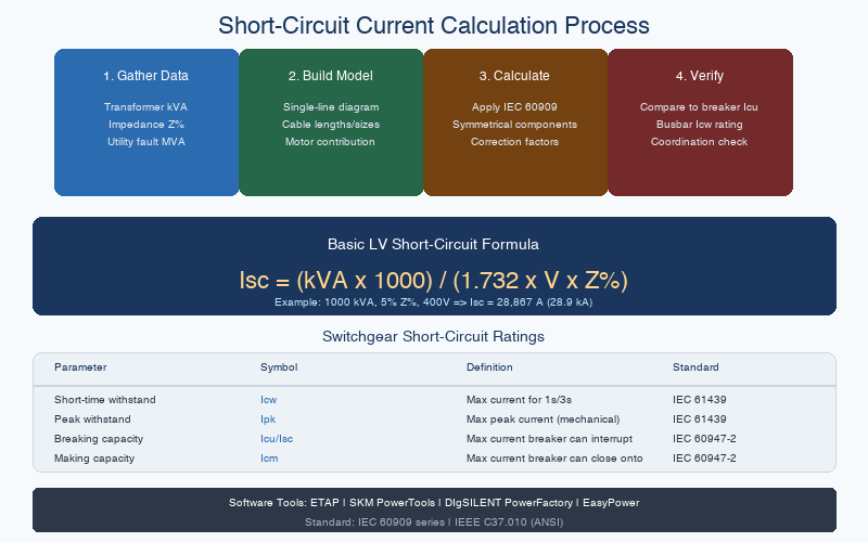Short-circuit current calculation process flowchart showing data gathering, model building, calculation, and verification steps