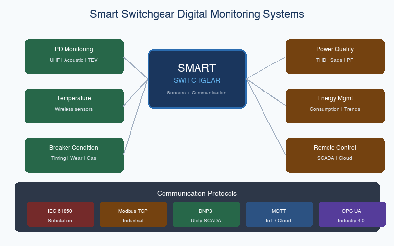 Smart switchgear digital monitoring systems diagram showing PD monitoring, temperature sensors, breaker condition, and communication protocols