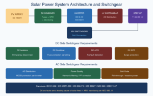 Solar power system switchgear architecture diagram showing PV array, DC combiner, inverter, LV and MV switchgear flow